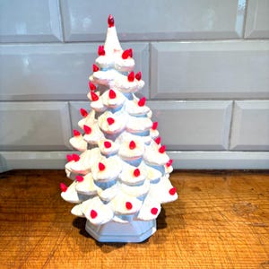 Vintage Lighted Ceramic Christmas Tree: White with Red Lights