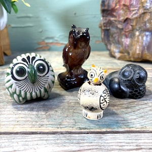 Könnte beinhalten: Eine Sammlung von Eulenfiguren in verschiedenen Stilen und Materialien. Die Eulen umfassen eine grüne und weiße Keramikeule, eine braune glasierte Eule, eine kleine schwarze Eule und eine weiß-schwarze Eule mit gelben Akzenten.