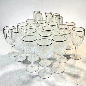 May include: A collection of twenty-one clear glass goblets arranged in a grid. Each goblet features a delicate etched leaf pattern on the bowl and a thin metallic silver rim. The glasses have a slender stem and a circular base for stability.