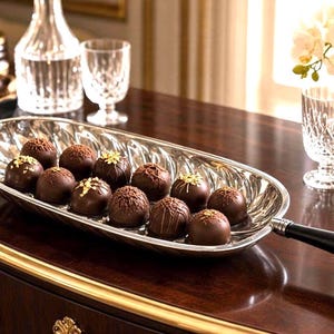 May include: An elongated silver serving tray with a black handle, containing twelve round dark chocolate truffles. Some truffles are topped with gold leaf flakes, while others feature drizzled chocolate patterns or textured surfaces.