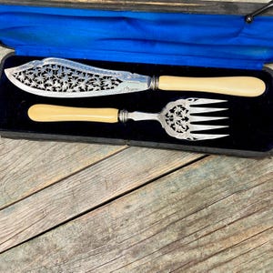 Antique Victorian Silver Plate Fish Server Set: Floral Pierced Knife & Fork