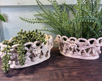 Pair of Antique Italian Ceramic Basket: Handcrafted Faience Fruit Bowl Centerpiece
