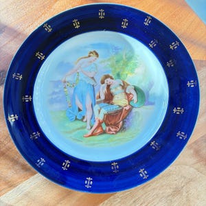 Antique Victoria Plate, Cobalt Rim, Guilt Detail, Kaufmann Signed, Carlsbad Victoria Austria Stamp on back, Free Shipping Guarantee
