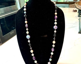 Handcrafted Long Beaded Necklace | Peacock Pearls, Amethyst & Silver Accents