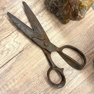 May include: A pair of heavy-duty metal shears featuring a dark, weathered, and rusted finish throughout the blades and handles. The tool has two oval finger loops and a central pivot screw connecting the two long, pointed cutting blades.