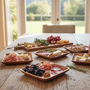Op de afbeelding: Een verzameling vierkante houten serveerborden en een rechthoekige houten serveerplank op een rustieke houten tafel. Elk bord en de plank zijn gevuld met diverse hapjes, waaronder vleeswaren, verschillende soorten kaas, druiven en walnoten.