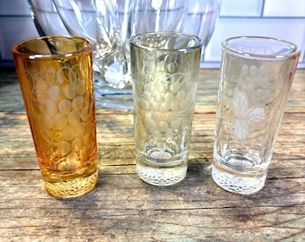 Set of 3 Vintage Etched Grape Shot Glasses