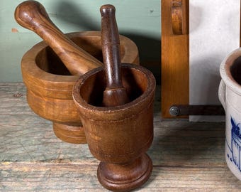 Rustic Vintage Wooden Mortar And Pestles, Spice Mortar Pestle, Farmhouse Kitchen, Primitive Wooden Mortar, Spice and Herbs Mortar, Cottage