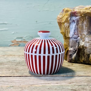 Decorative, Porcelain Lidded Bowl, Red & White Striped, Trinket Dish or Candy Dish