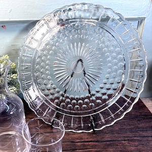 Antique Vintage Federal Depression Glass Footed Cake Plate Sunburst, Dots & panels Design Pattern #2889- 1950s