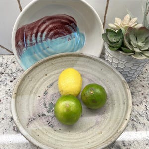 Puede incluir: Un cuenco de cerámica con un diseño esmaltado granate y azul se encuentra encima de otro cuenco que contiene un limón y dos limas. A la derecha hay una pequeña planta suculenta en maceta. Los cuencos están sobre una encimera moteada.