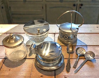 Vintage and antique stainless and glass lidded sugar, condiment and jam pots and spoons