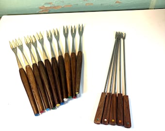Tenedores de fondue vintage de acero inoxidable y madera, con lunares arcoíris, juego de 10 y 5