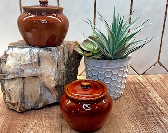 Vintage Small Bean Pot / Honey Pot / Kitchen Crock– Brown Glaze with Lid (USA Made) – Sold Separately