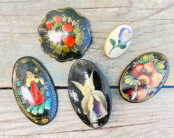 Vintage Hand painted Pins/Brooches, 4 Russian Black Lacquer Folk Art, 1 Small Brass with Violet, Sold individually, Free Shipping Guarantee