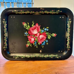 VTG Toleware Folding Tray, Hand Painted, Roses, Blue Flowers, Metal Tray with Attached Folding Legs, 18&quot; x16&quot;x 13&quot; Free Shipping Guarantee