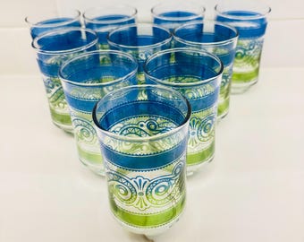 Vintage Libbey Paisley Glasses: Blue & Green Swirl, 1970s Tumblers