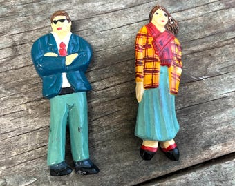 Vintage Hand-Painted Wooden Pins: Guy and Gal Lapel Pins