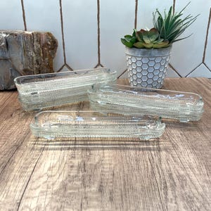 Könnte beinhalten: Ein Set aus durchsichtigen Maiskolbentellern aus Glas mit einem texturierten, kornartigen Muster auf der Innenseite. Jede rechteckige Schale hat leicht geschwungene Seiten und kleine Füße an der Unterseite, um einen Maiskolben zu halten.