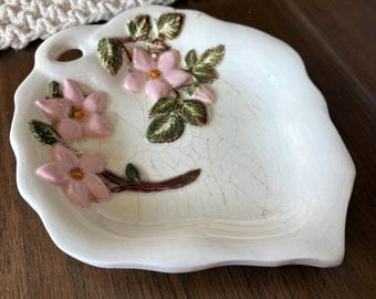 Vintage Cherry Blossom Trinket Dish: Pink Floral Ceramic Plate