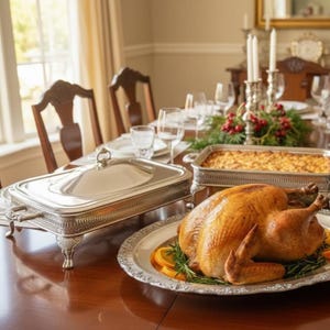 May include: A roasted whole turkey garnished with orange slices and fresh rosemary on a large silver oval platter, accompanied by a rectangular silver chafing dish with a lid and a silver casserole dish filled with a golden baked side dish.