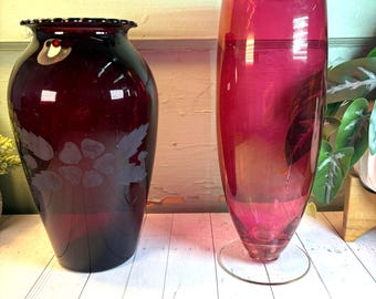 ヴィンテージ アンカーホッキング ロイヤルルビーレッドガラスフラワー