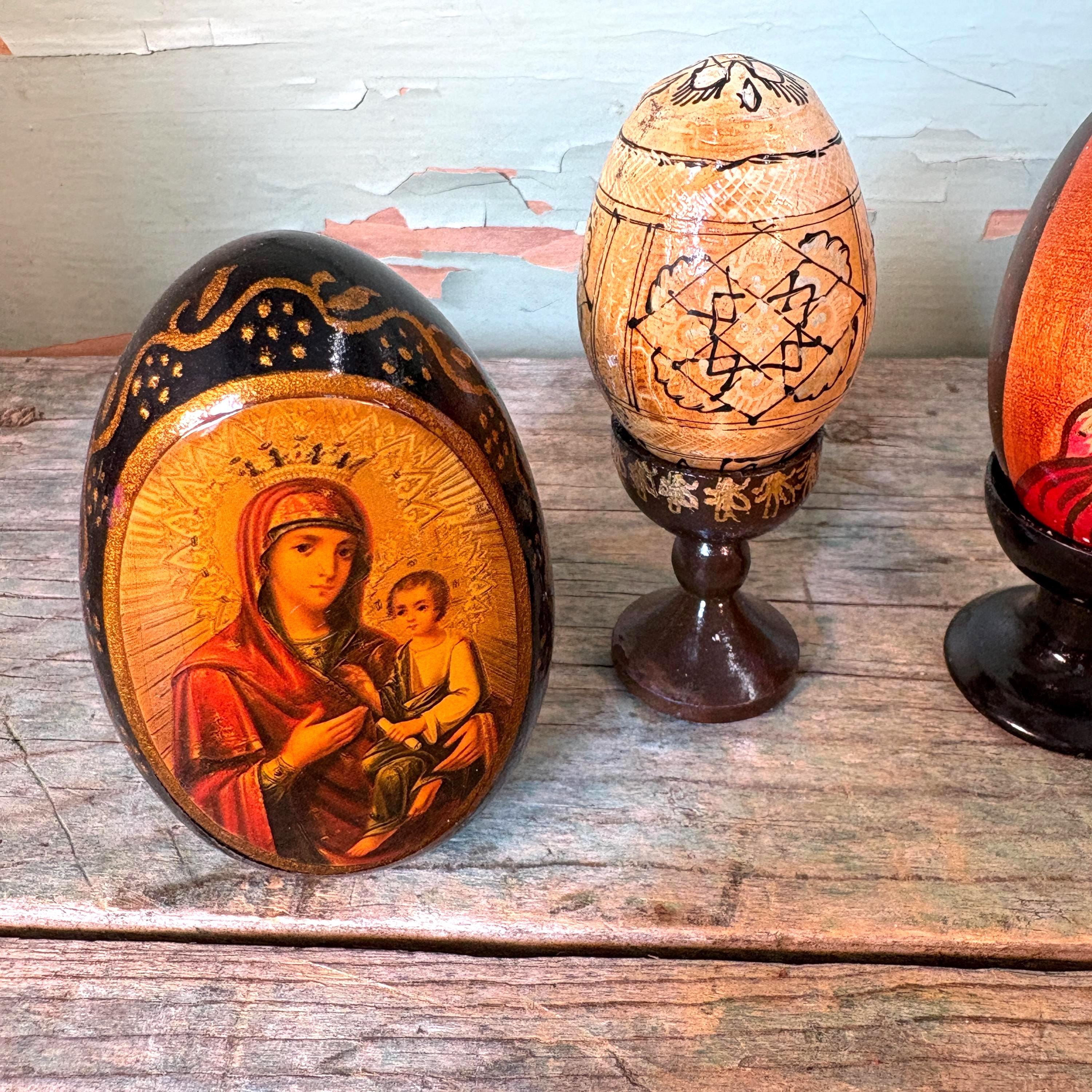 Handpainted Madonna & Child Wooden Egg: Russian/ukrainian Icon Art