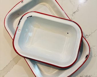 Vintage Enamelware Trays, White with Red Rim, 2 available