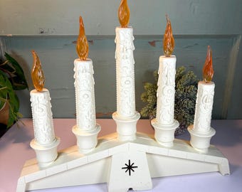 Vintage Mid Century Empire 5 Candle Electric Candelabra, Orange Flame, Off-White Ornately Embossed Candle Sticks,