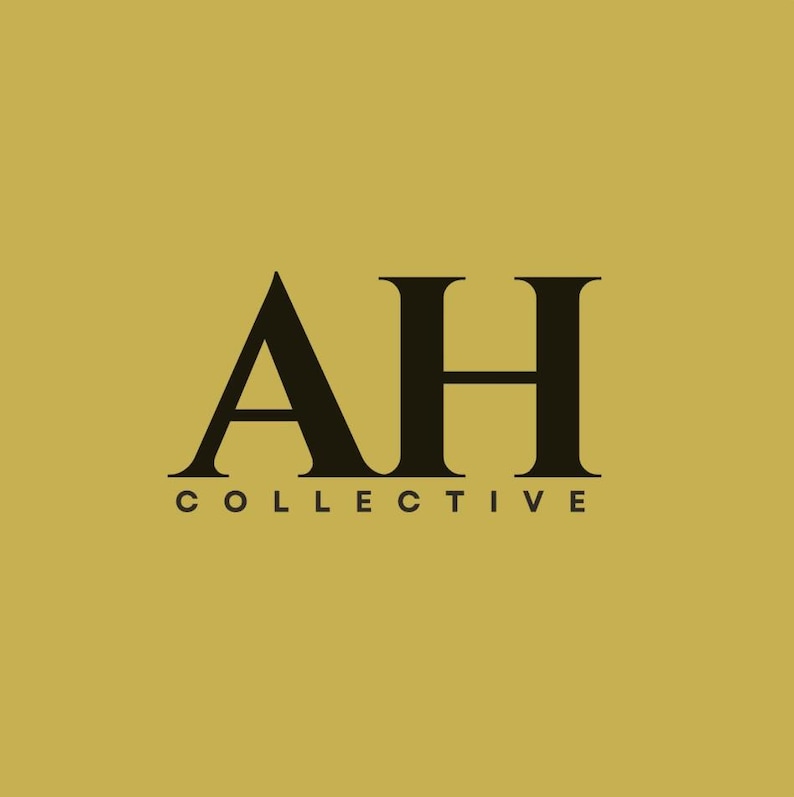May include: A logo featuring the letters "AH" in a bold, black serif font, with "COLLECTIVE" in smaller, black sans-serif font below. The background is a solid, muted gold color.