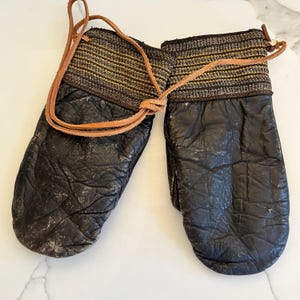 Antique Leather Mittens: Shearling Wool Lined, Knit Band