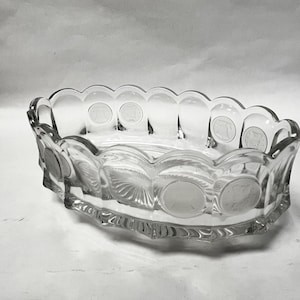 Fostoria frosted coin dot glassware, 3 footed bowls, one large oval bowl, one small handled candy dish, 5 pieces, sold individually,