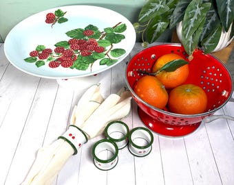 Vintage Berry Kitchen items : Seymour Mann Cake Plate, Cherry Napkin Rings, Red Colander