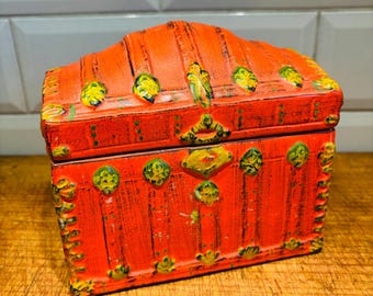 Vintage keramisk kista, orange och guld, decoupage Kalifornien, handmålad piratkista,