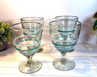 Vintage Blown Glass Mexican Goblets - Teal & Blue Stripes - Anthropologie Set of Four