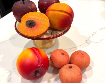 Vintage Decorative Fruit, Carved and Painted Wood Peaches, Apples, Orange pods