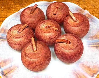 Vintage Wooden Apples, Small Solid Wood with Leather Stems, Set of 7