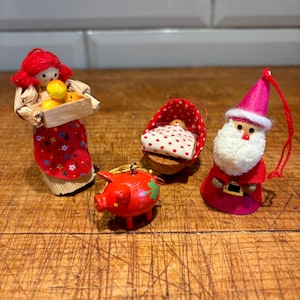 Vintage Hand-Painted Miniature Christmas Ornaments: Santa, Piggy, Cornhusk Girl (Set of 4)