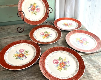 Platos de ensalada vintage Leigh Ware: diseño floral granate con detalles en oro de 22 quilates, juego de 6
