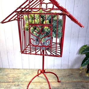 Charming Vintage Red Metal Birdcage with Stand - Rustic Farmhouse Decor
