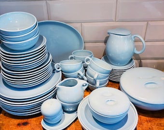 Iroquois Casual China by Russell Wright, Mid Century Blue Dinnerware Set