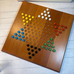 Vintage Berea College Crafts Chinese Checkers board with original glass marbles, Woodcraft Solid Wood Chinese Checker Board, 1980s