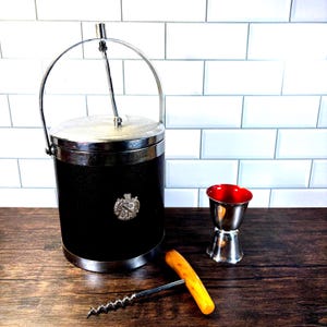 Vintage Barware Set: Chrome Ice Bucket, Reed & Barton Jigger, Bakelite Corkscrew