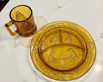 Vintage Amber Glass Nursery Rhyme Dish Set, Indiana Tiara Divided Plate & Mug