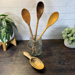 Vintage Hand Carved Wooden Cooking Spoons: Rustic Farmhouse Kitchen Decor