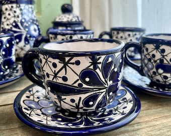 Vintage Mexican Talavera Tea Set: Majolica Pottery, Cobalt Blue Floral