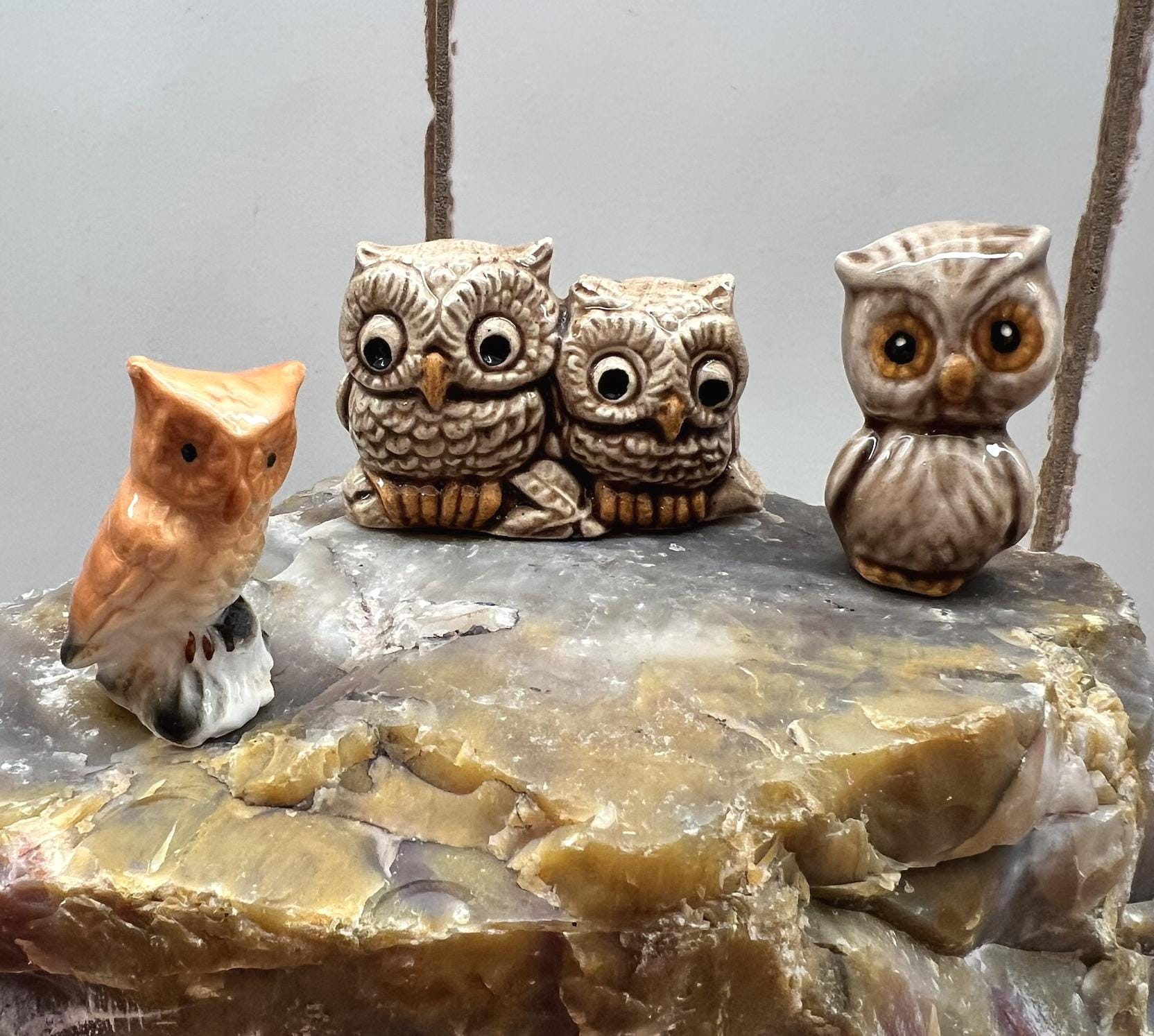 Vintage Owl Figurines | Brown & Orange Owls | Miniature Figurines | 5 Available