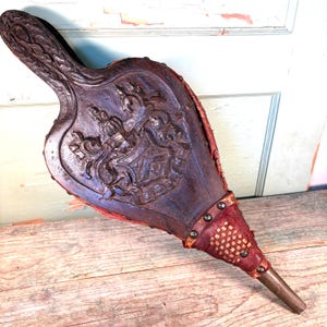 Antique Fireplace Bellows, Wood and Leather, Old English Style Carved Oak Crest, Brass Nail Heads, Bellows are Still Functional
