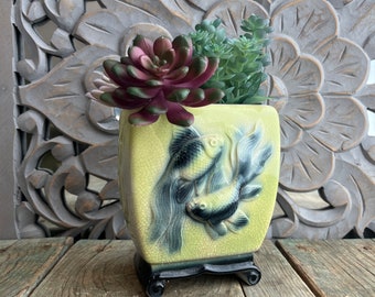 Royal Copley Koi Vase, pale green with blue koi fish, 1950's Asian inspired, vintage Japanese Koi fish vase, FREE SHIPPING GUARANTEE