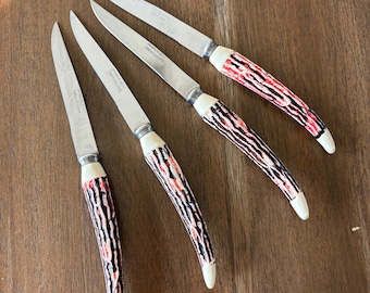 Vintage Japanese Steak Knives Set: Faux Buckhorn Antler Handle, MCM